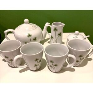 Marcus Notley Ireland Shamrock Tea Set Teapot Cream Sugar Mugs White Green 2009